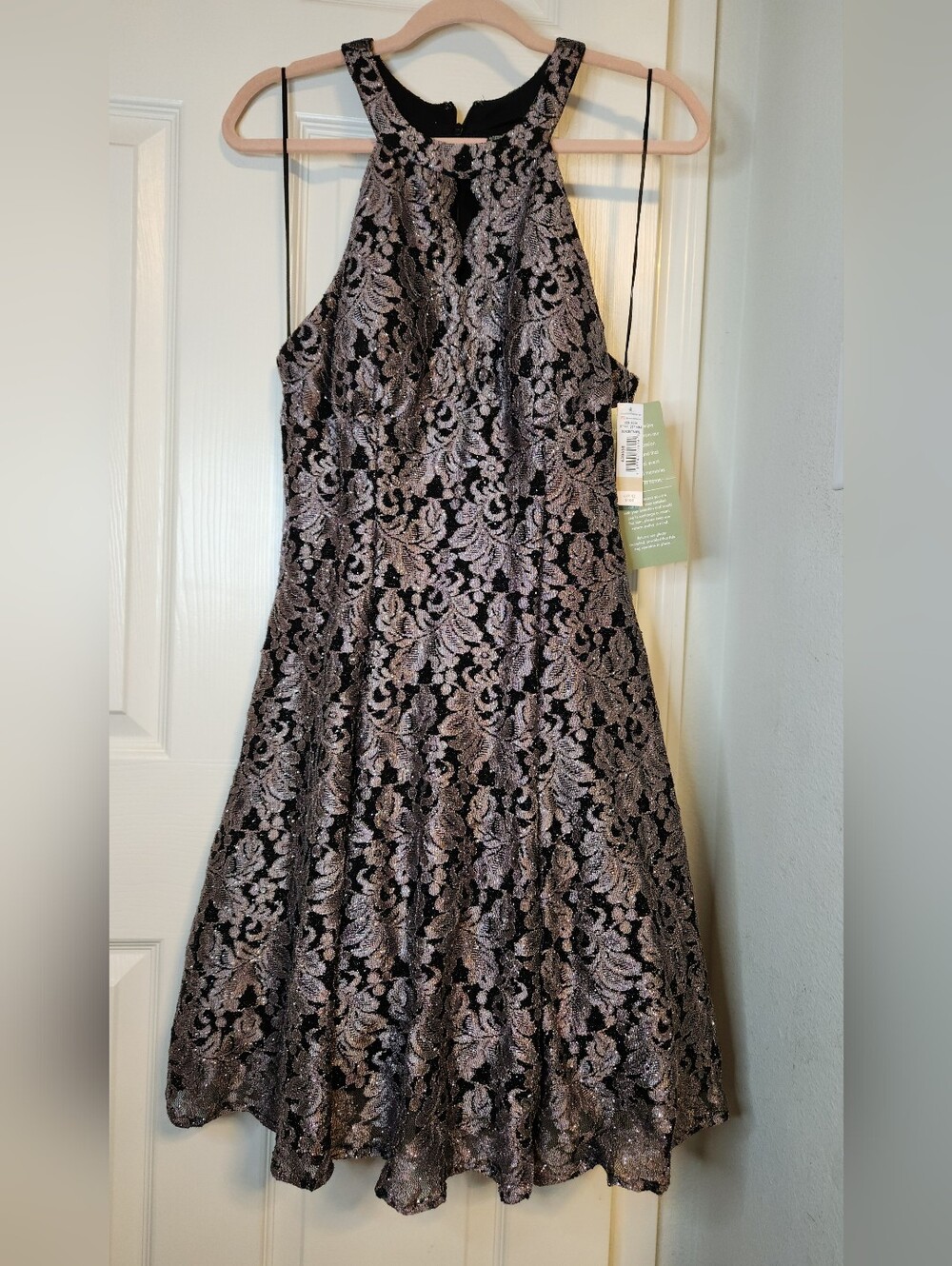 High-Neck Metallic Lace A-Line Cocktail Dress in Black and Silver/ Taupe Size 12